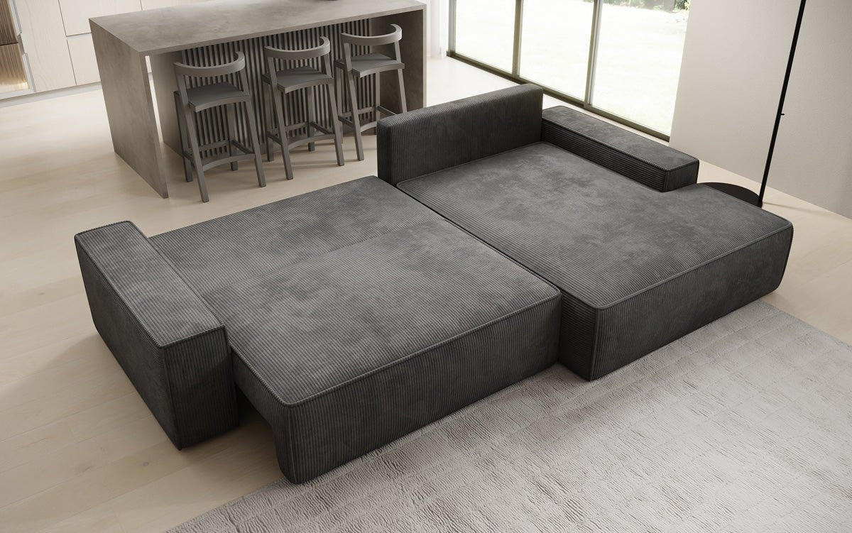 Designer Sofa Verona mit breiter Ottomane mit Schlaf- und Klappfunktion in Cord
