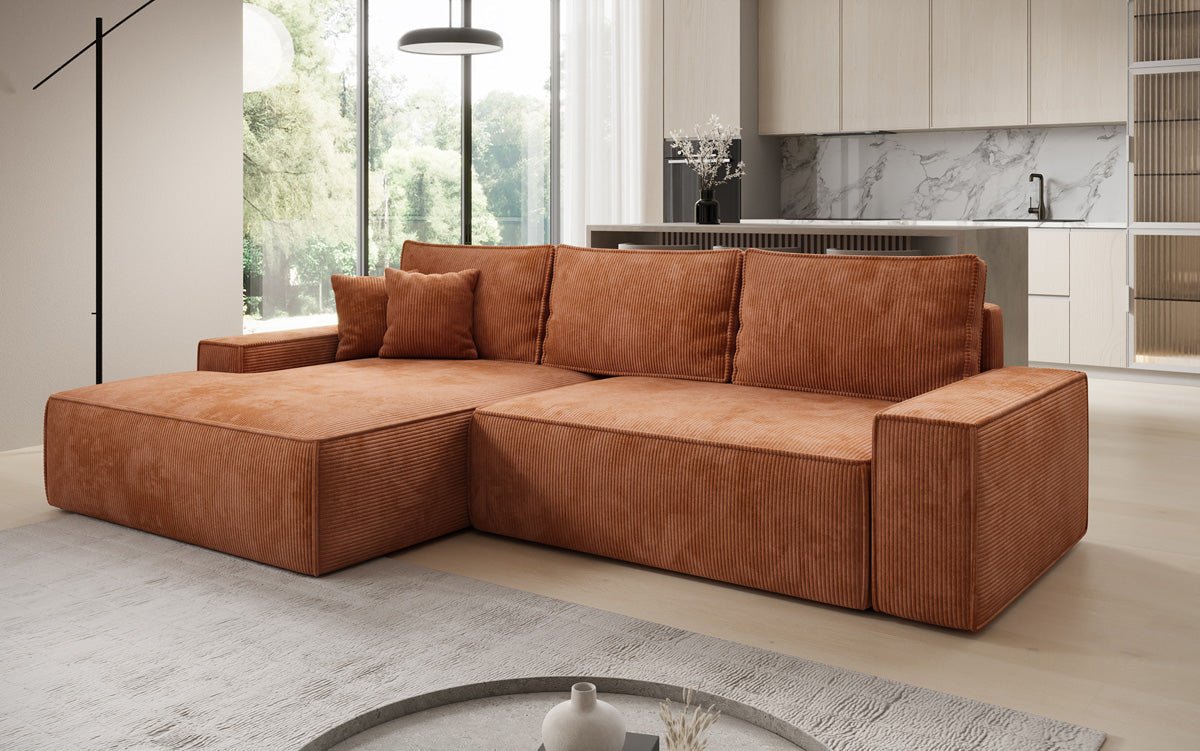Designer Sofa Verona mit breiter Ottomane mit Schlaf- und Klappfunktion in Cord