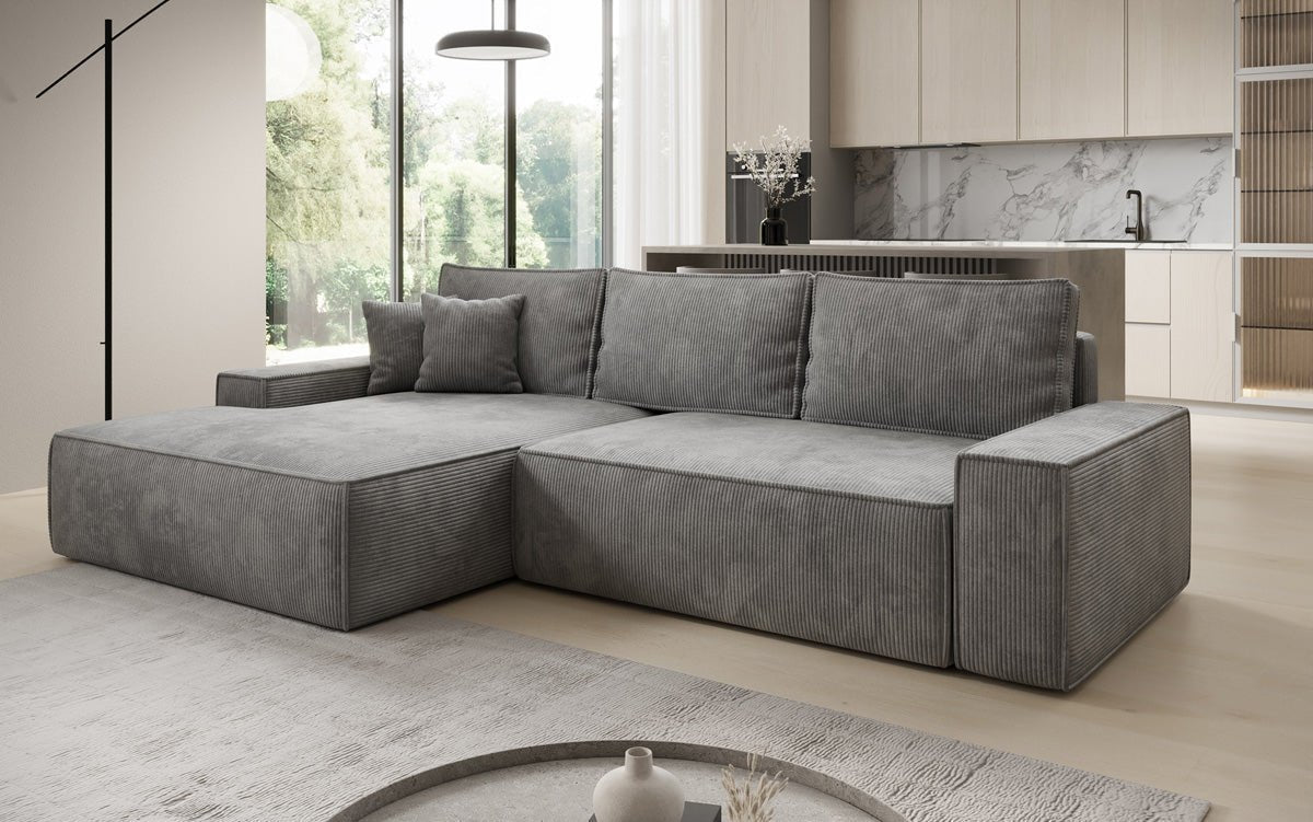 Designer Sofa Verona mit breiter Ottomane mit Schlaf- und Klappfunktion in Cord