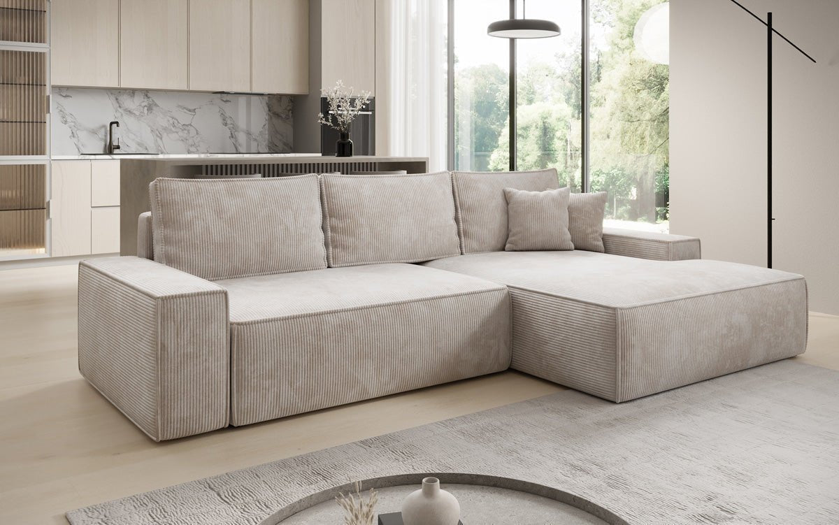 Designer Sofa Verona mit breiter Ottomane mit Schlaf- und Klappfunktion in Cord