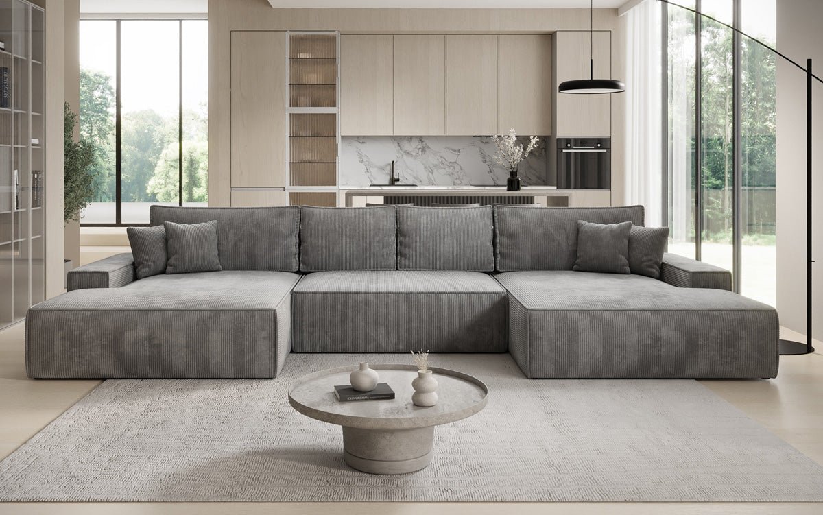 Designsofa Verona U met brede ottomane, slaapfunctie en opbergruimte in Ribstof