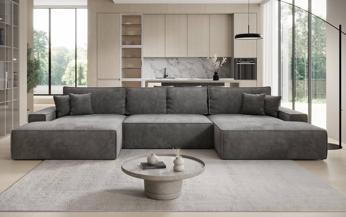 Designsofa Verona U met brede ottomane, slaapfunctie en opbergruimte in Ribstof