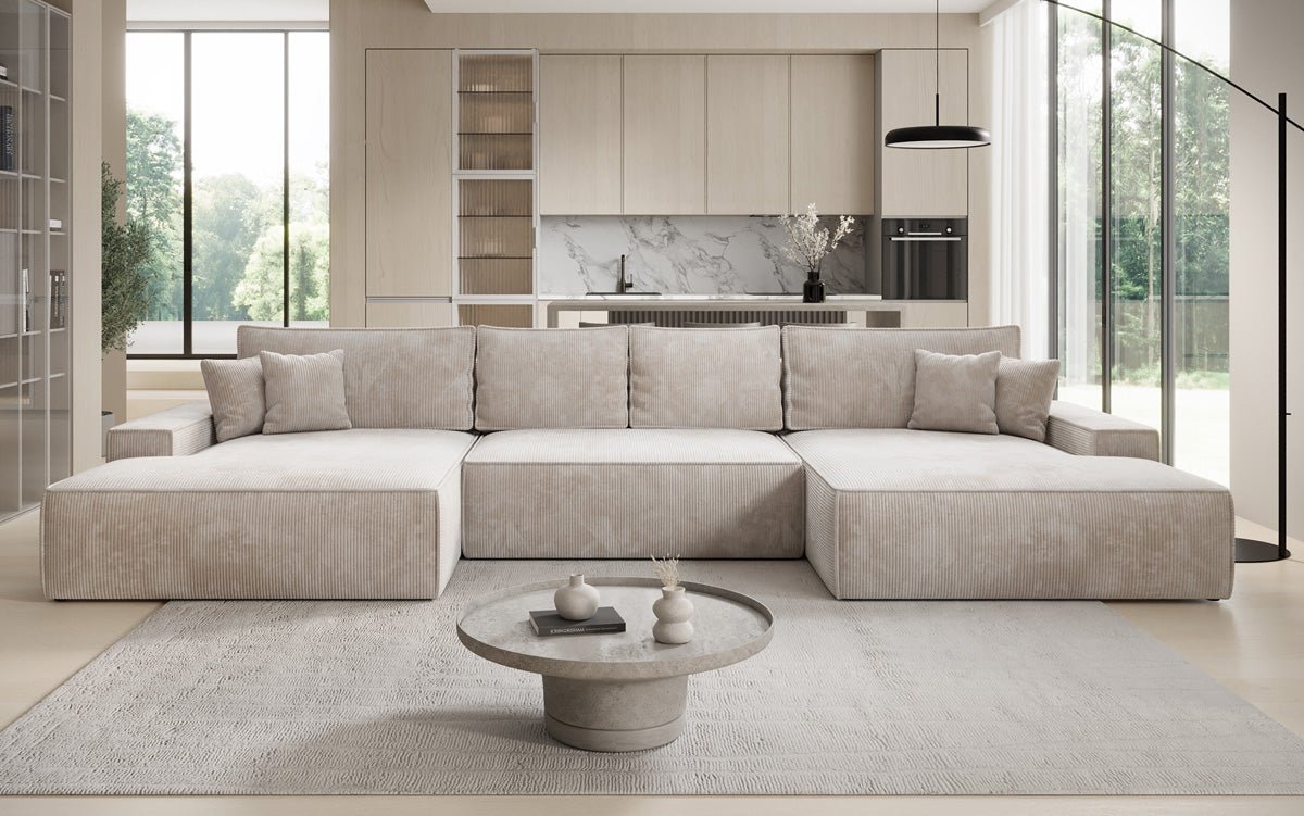 Canapé design Verona U avec une large ottomane, fonction couchage et espace de rangement, en Côtelé