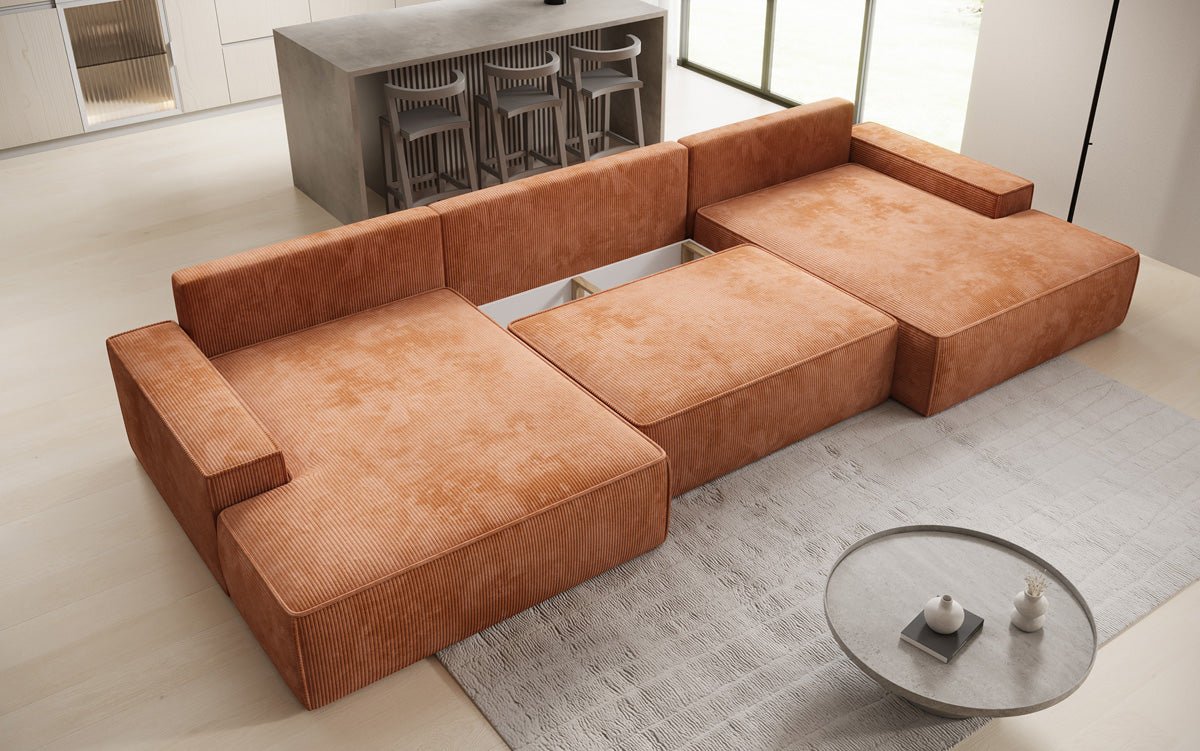 Designsofa Verona U met brede ottomane, slaapfunctie en opbergruimte in Ribstof