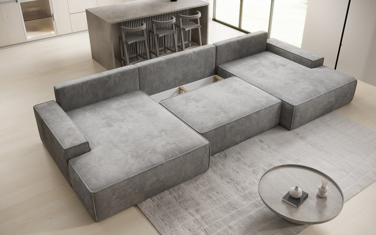 Designsofa Verona U met brede ottomane, slaapfunctie en opbergruimte in Ribstof