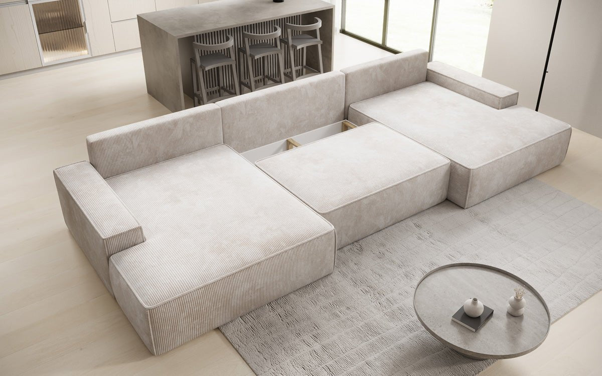 Designsofa Verona U met brede ottomane, slaapfunctie en opbergruimte in Ribstof