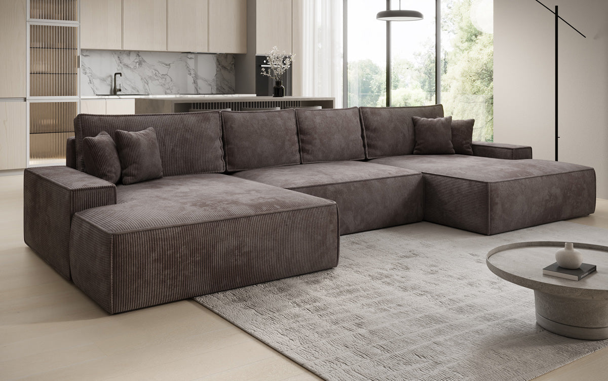 Designsofa Verona U met brede ottomane, slaapfunctie en opbergruimte in Ribstof