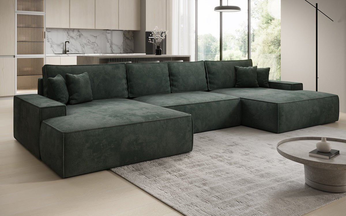 Designsofa Verona U met brede ottomane, slaapfunctie en opbergruimte in Ribstof