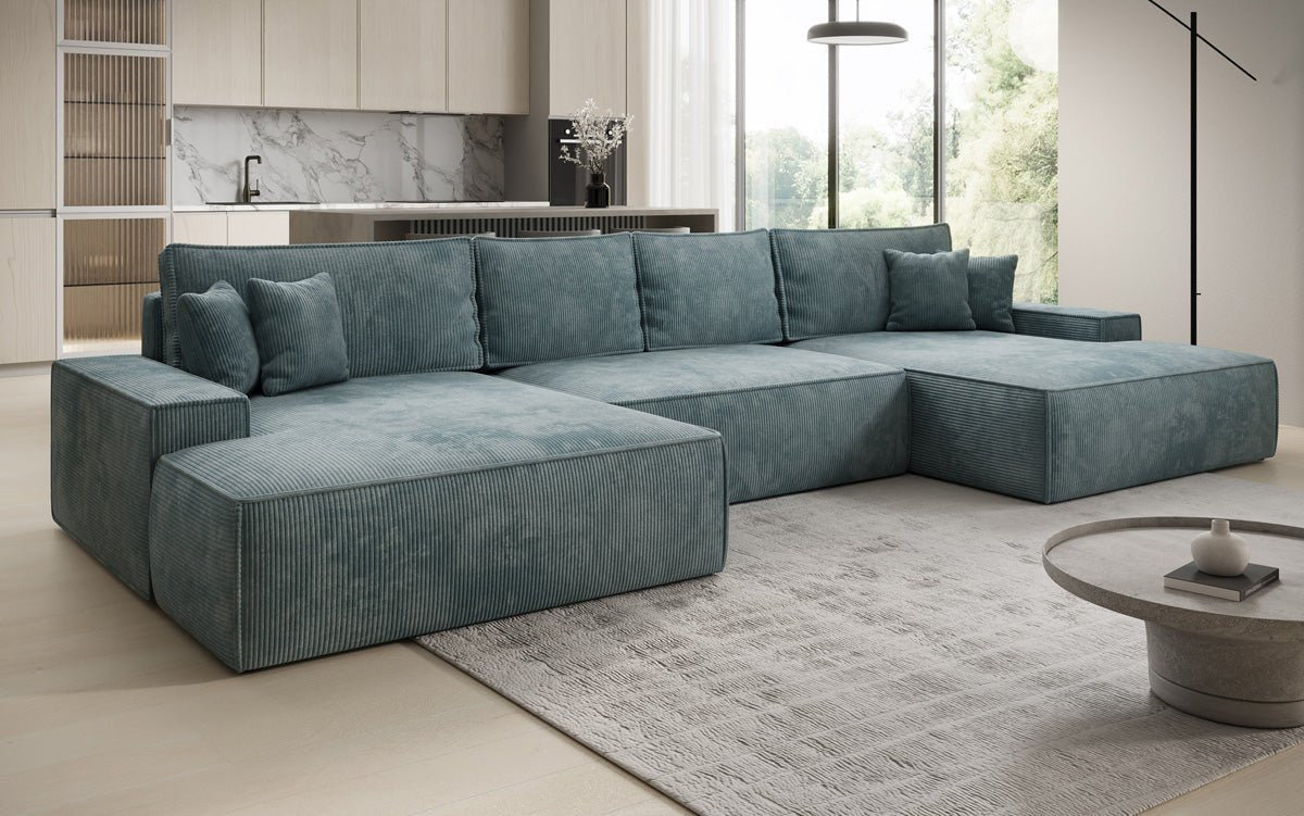 Designsofa Verona U met brede ottomane, slaapfunctie en opbergruimte in Ribstof