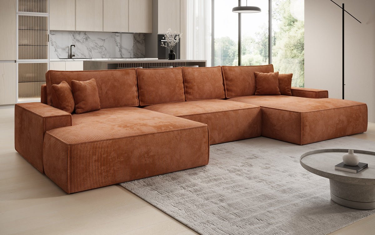 Designsofa Verona U met brede ottomane, slaapfunctie en opbergruimte in Ribstof