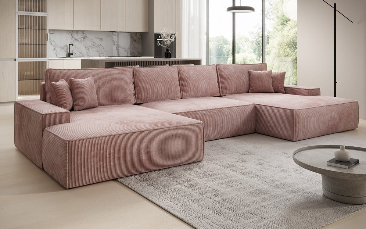 Designsofa Verona U met brede ottomane, slaapfunctie en opbergruimte in Ribstof