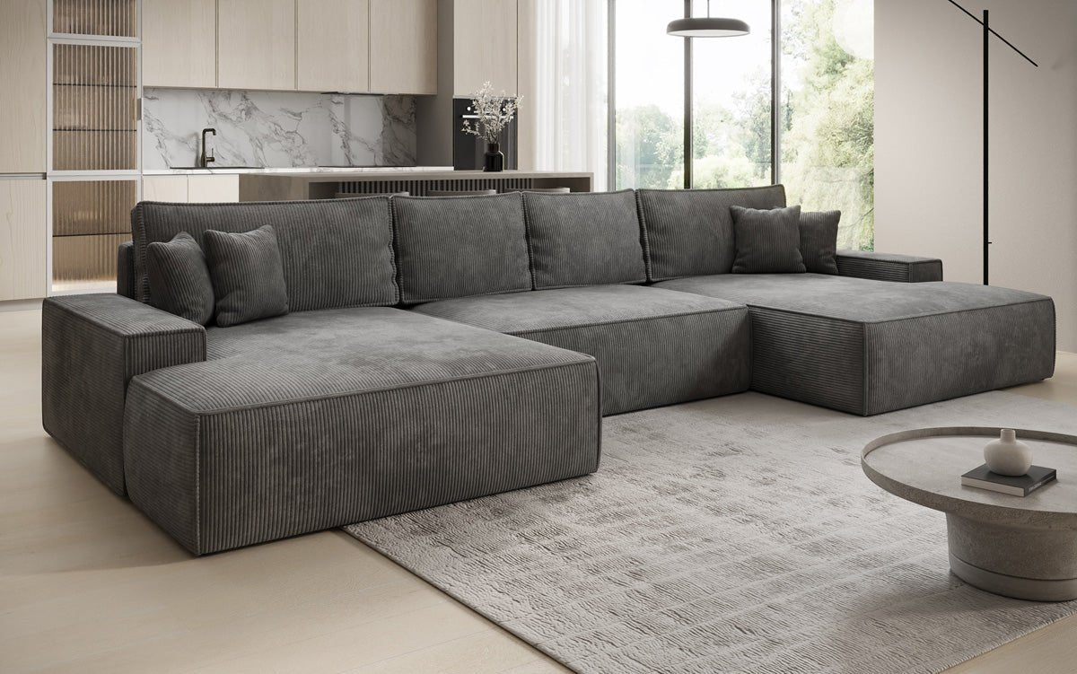 Designsofa Verona U met brede ottomane, slaapfunctie en opbergruimte in Ribstof