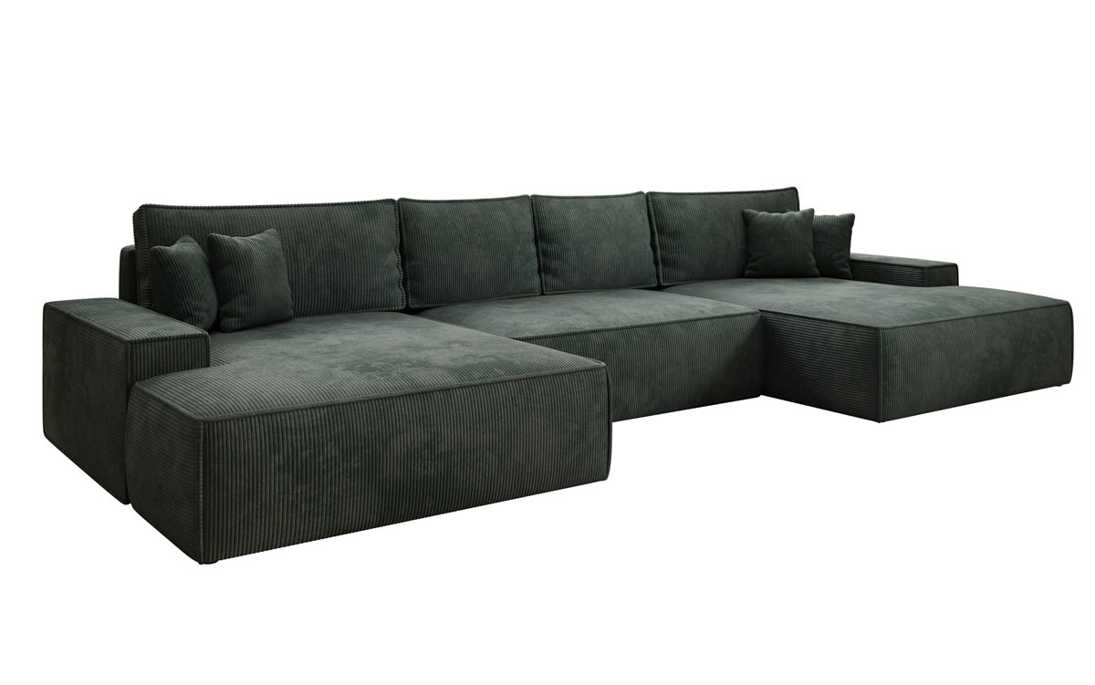Designsofa Verona U met brede ottomane, slaapfunctie en opbergruimte in Ribstof