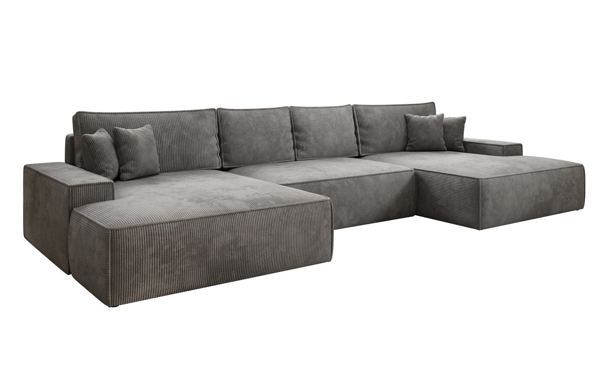 Designsofa Verona U met brede ottomane, slaapfunctie en opbergruimte in Ribstof