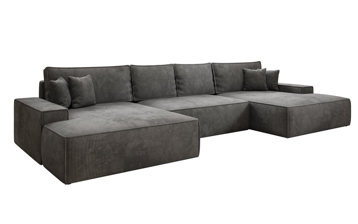 Designsofa Verona U met brede ottomane, slaapfunctie en opbergruimte in Ribstof