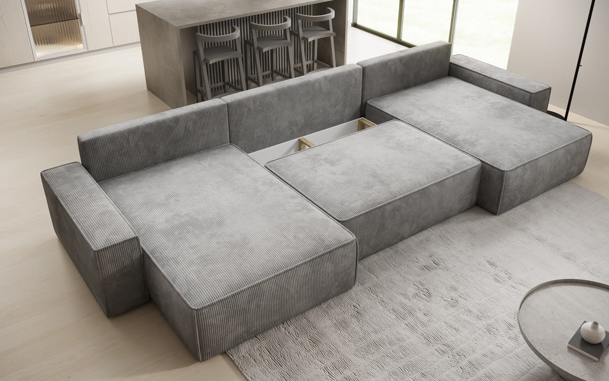 Designer Sofa Lunaro U mit Schlaffunktion und Stauraum in Cord