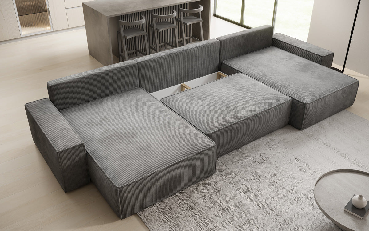 Designer Sofa Lunaro U mit Schlaffunktion und Stauraum in Cord