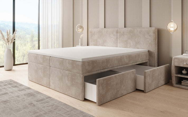 Lit boxspring Ophelia avec tiroirs en côtelé