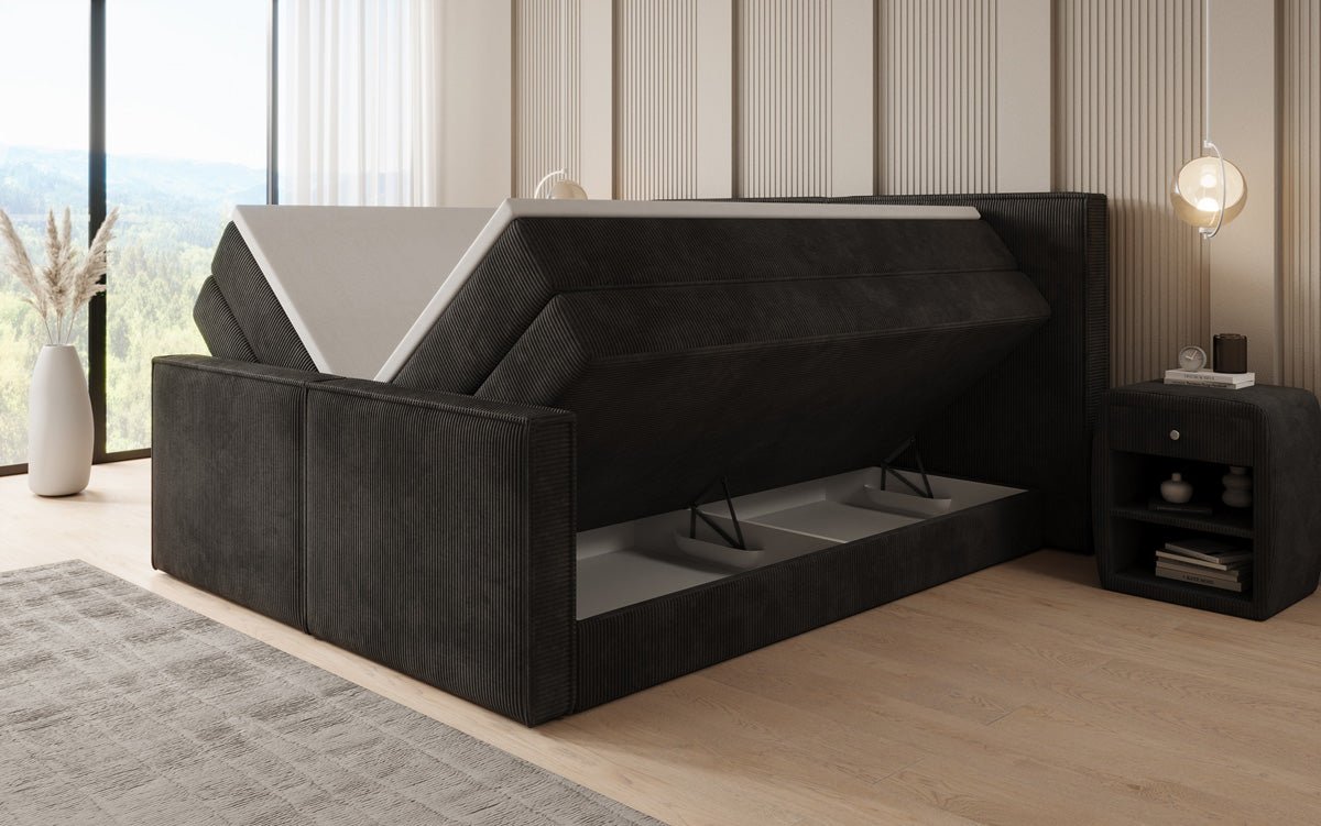 Boxspringbed Ophelia II met opklapbare opbergruimte in Ribstof