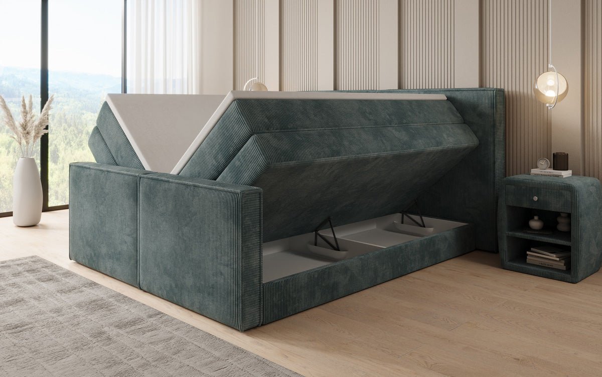 Boxspringbed Ophelia II met opklapbare opbergruimte in Ribstof