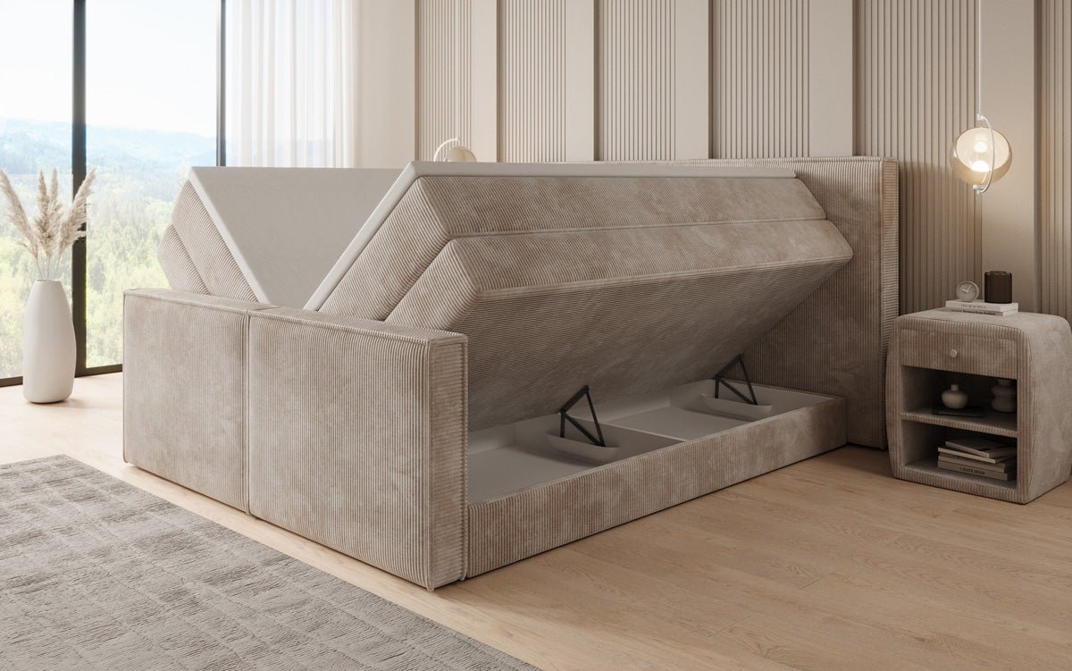 Boxspringbed Ophelia II met opklapbare opbergruimte in Ribstof