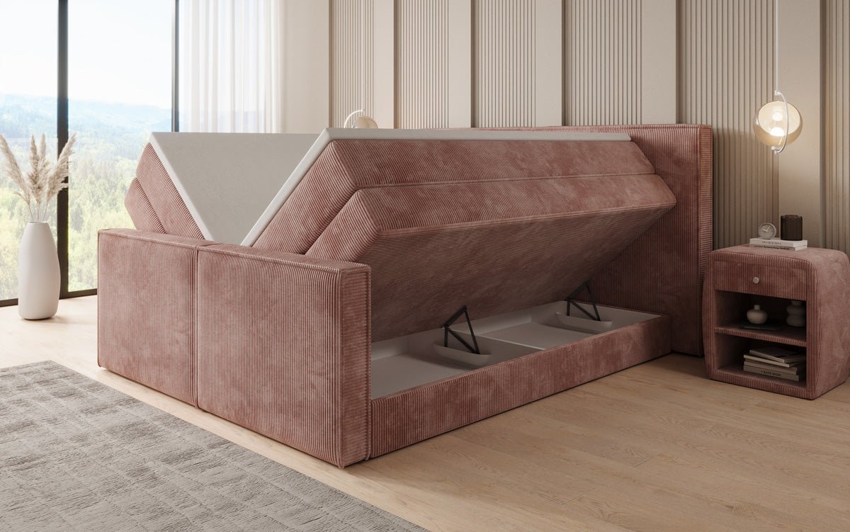 Boxspringbed Ophelia II met opklapbare opbergruimte in Ribstof