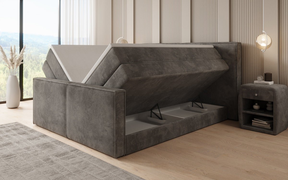 Boxspringbed Ophelia II met opklapbare opbergruimte in Ribstof