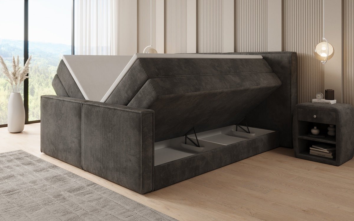 Boxspringbed Ophelia II met opklapbare opbergruimte in Ribstof