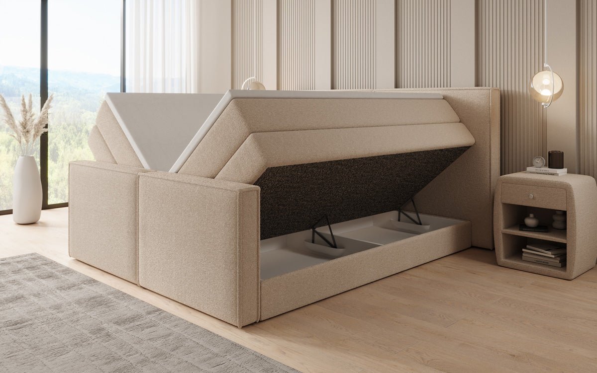 Boxspringbed Ophelia II met opklapbare opbergruimte in Teddystof Bouclé