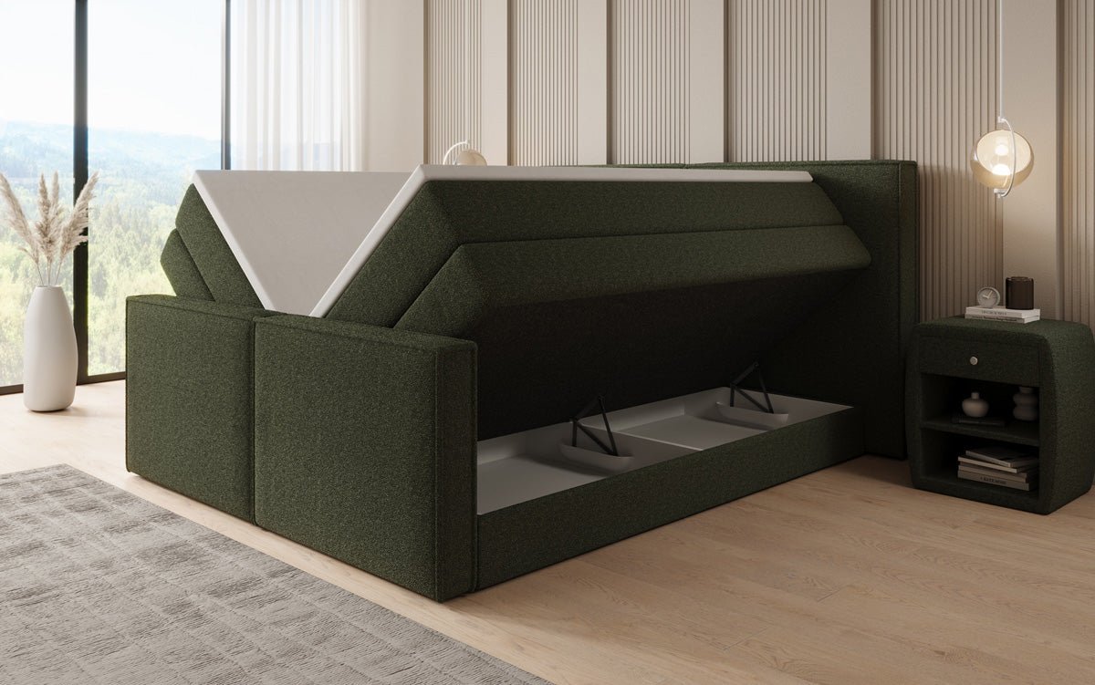 Boxspringbed Ophelia II met opklapbare opbergruimte in Teddystof Bouclé