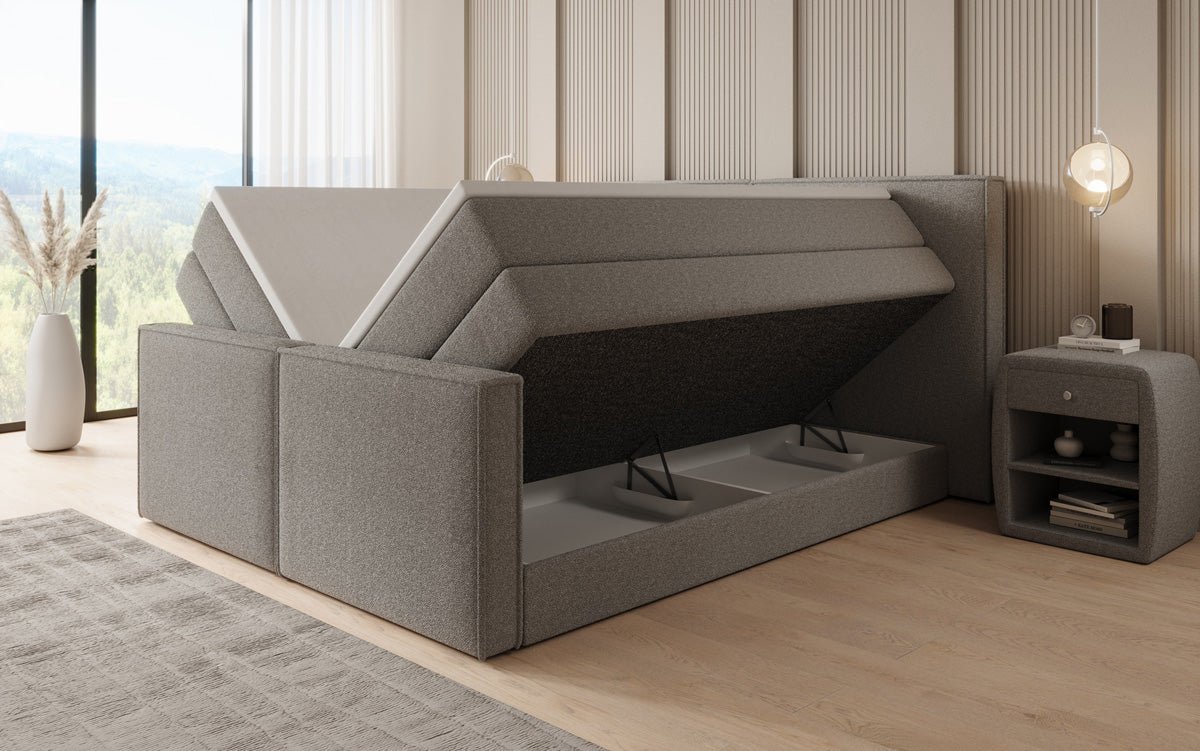 Boxspringbed Ophelia II met opklapbare opbergruimte in Teddystof Bouclé