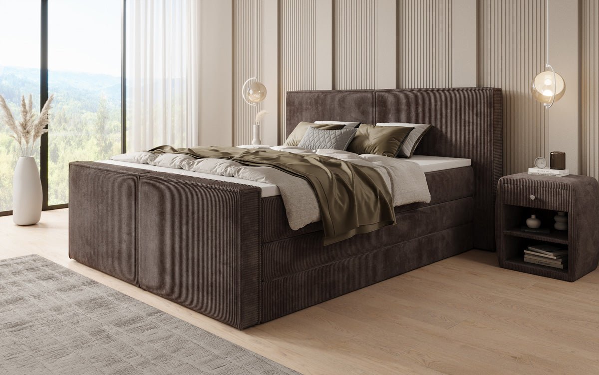 Boxspringbed Ophelia II met opklapbare opbergruimte in Ribstof