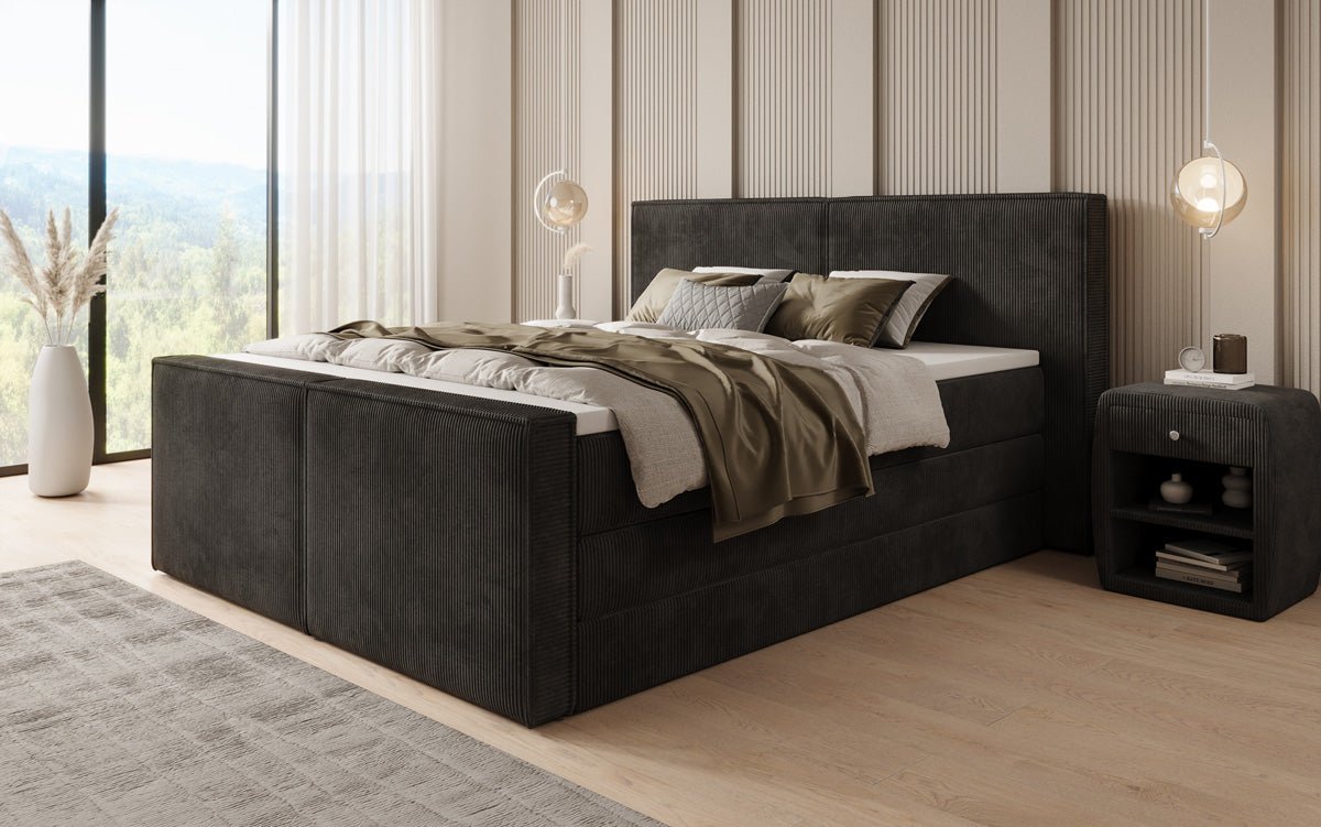 Boxspringbed Ophelia II met opklapbare opbergruimte in Ribstof