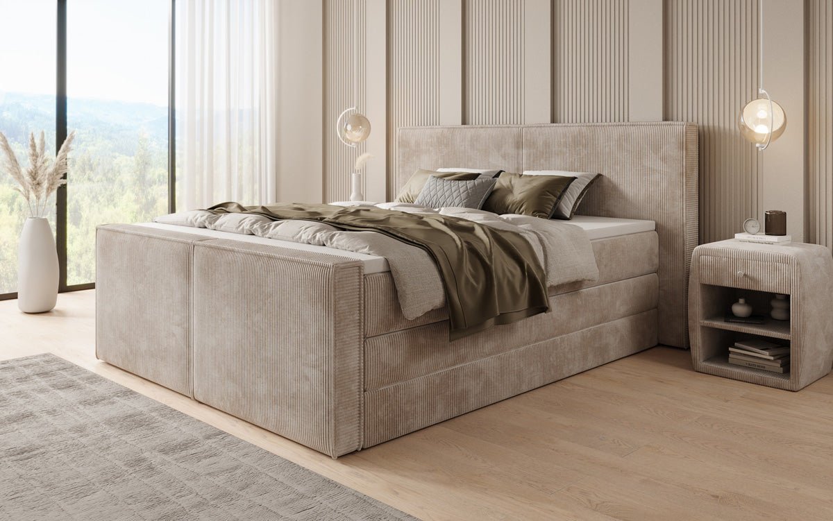 Boxspringbed Ophelia II met opklapbare opbergruimte in Ribstof