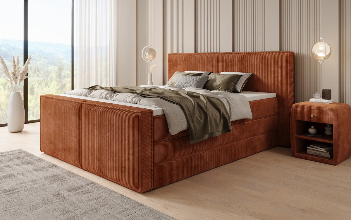 Boxspringbed Ophelia II met opklapbare opbergruimte in Ribstof