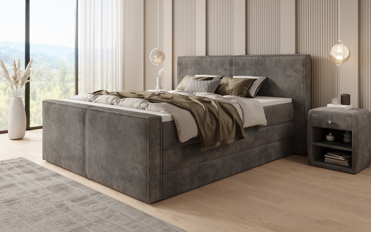 Boxspringbed Ophelia II met opklapbare opbergruimte in Ribstof