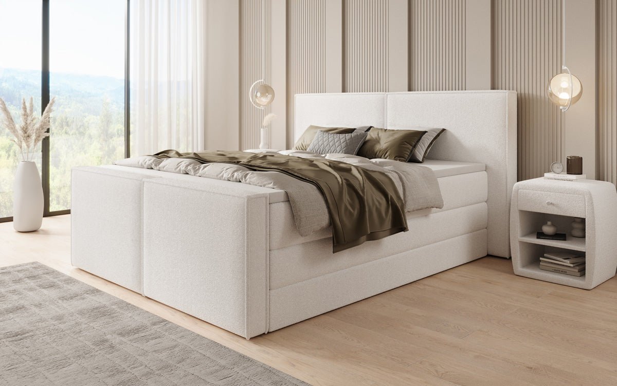 Boxspringbed Ophelia II met opklapbare opbergruimte in Teddystof Bouclé