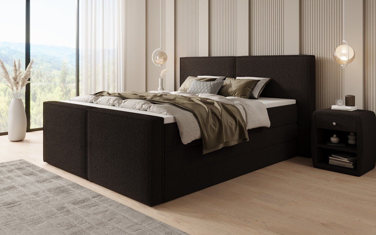 Boxspringbed Ophelia II met opklapbare opbergruimte in Teddystof Bouclé