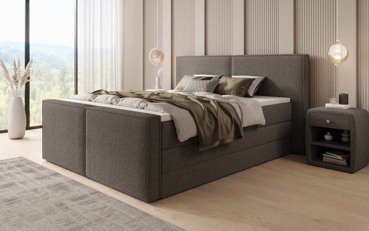 Boxspringbed Ophelia II met opklapbare opbergruimte in Teddystof Bouclé