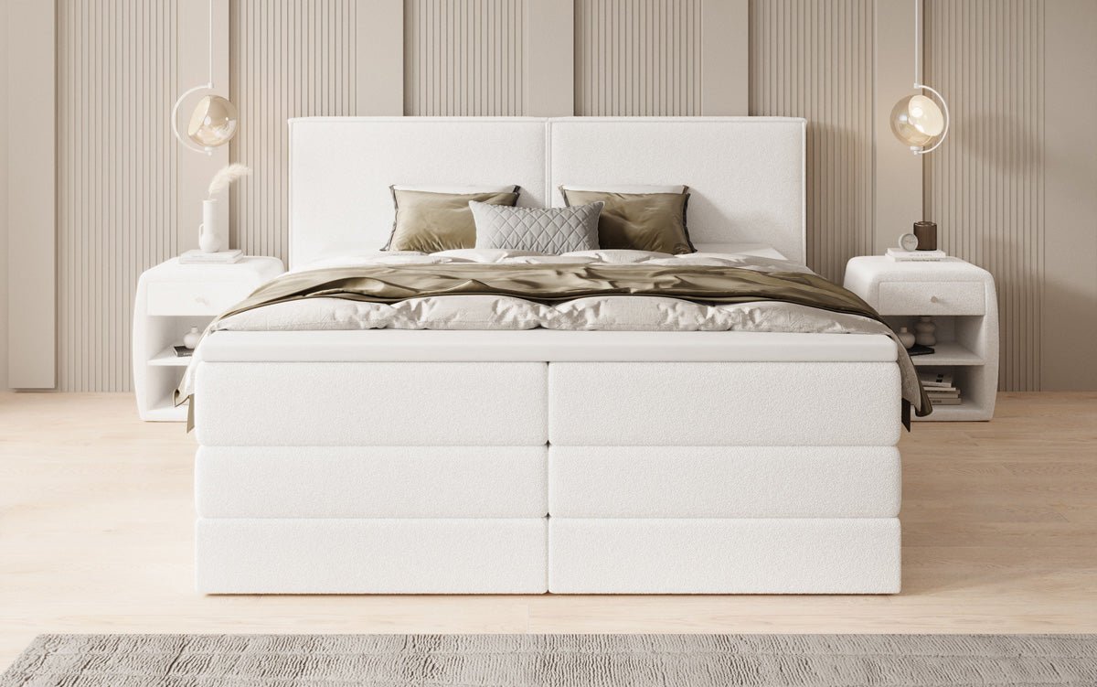 Boxspringbed Ophelia met opklapbare opbergruimte in Teddystof Bouclé