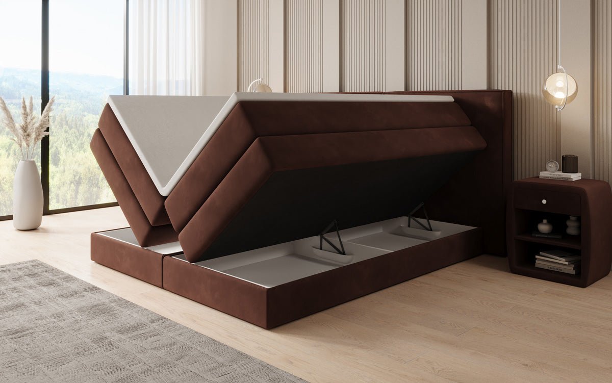 Boxspringbed Ophelia met opklapbare opbergruimte in fluweel