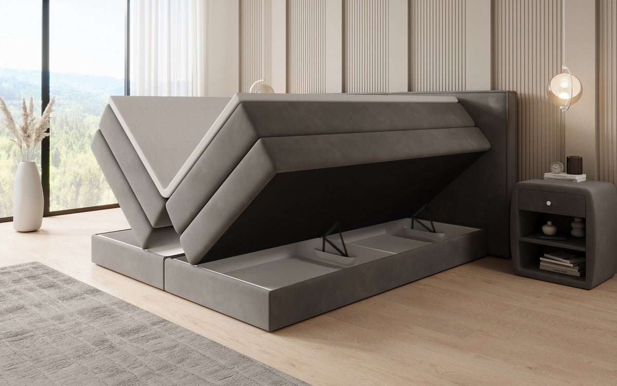 Boxspringbed Ophelia met opklapbare opbergruimte in fluweel