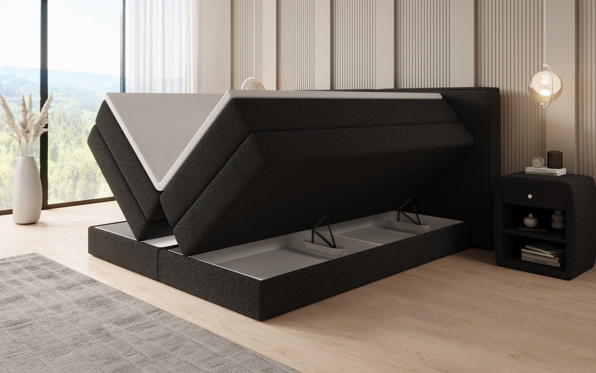 Boxspringbed Ophelia met opklapbare opbergruimte in Teddystof Bouclé