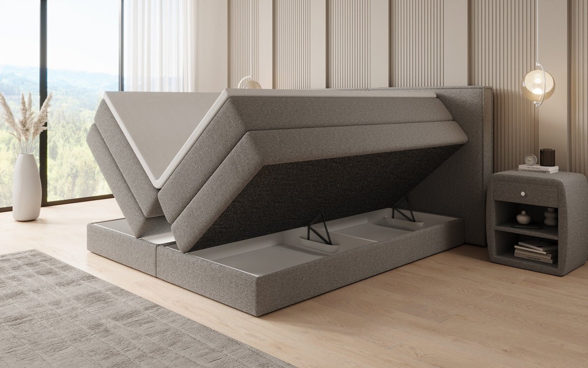 Boxspringbed Ophelia met opklapbare opbergruimte in Teddystof Bouclé