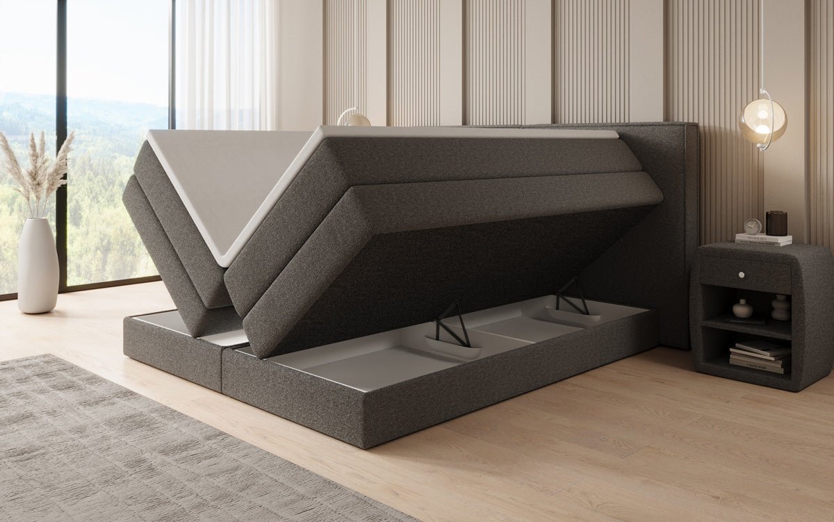 Boxspringbed Ophelia met opklapbare opbergruimte in Teddystof Bouclé