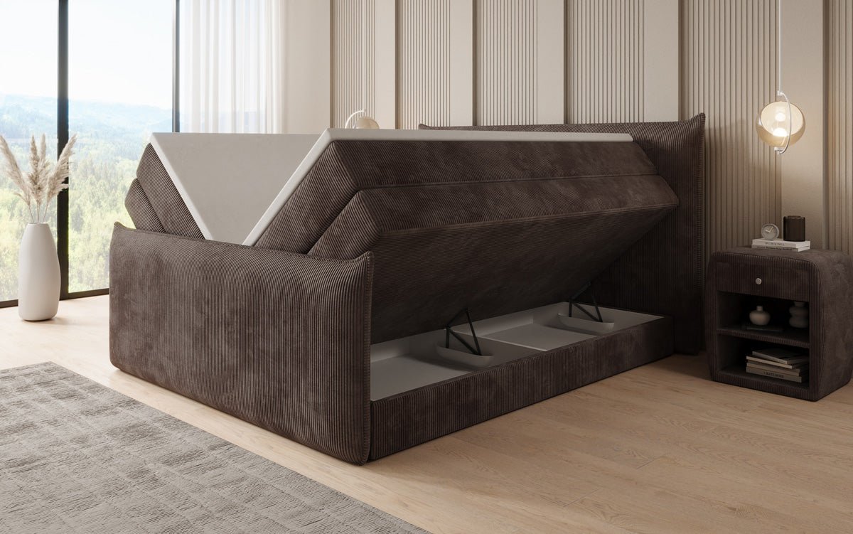 Boxspringbed Liana II met opklapbare opbergruimte in Ribstof