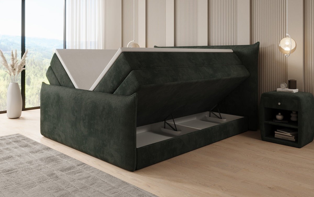 Boxspringbed Liana II met opklapbare opbergruimte in Ribstof