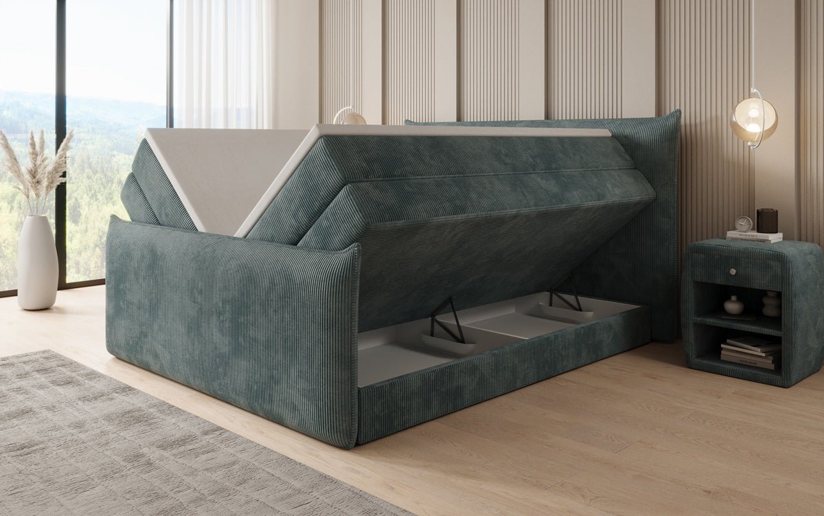 Boxspringbed Liana II met opklapbare opbergruimte in Ribstof