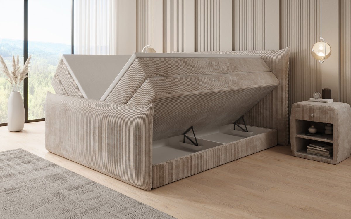 Boxspringbed Liana II met opklapbare opbergruimte in Ribstof