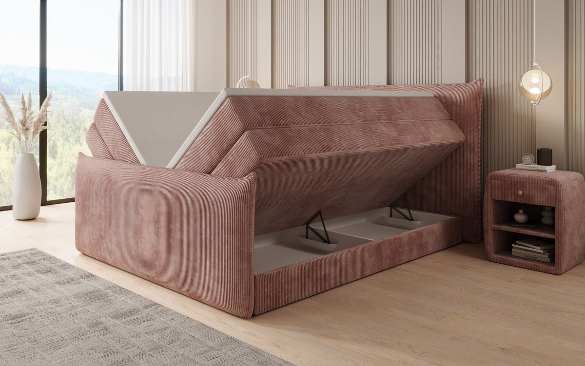 Boxspringbed Liana II met opklapbare opbergruimte in Ribstof